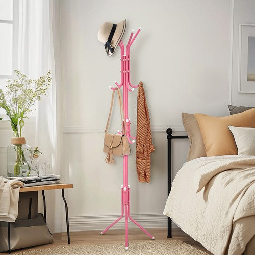 Coat Rack Stand 3-Tier 175cm Metal Coat Hat Stand 12 Hooks Hallway Bedroom UK - Pink