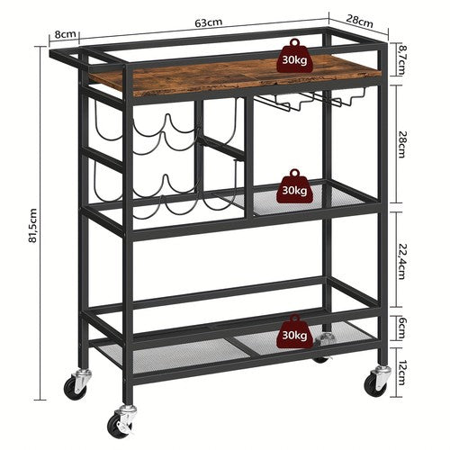 3-Tier Rolling Bar Cart Serving Trolley Wine Glass Bottle Rack Drinks Kitchen UK