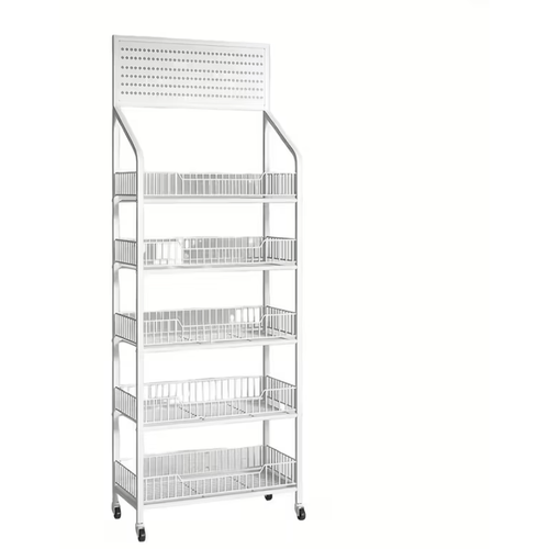 5-Tier Freestanding Display Rack Mesh Panel Metal Stand 10 Hooks Wheels White UK