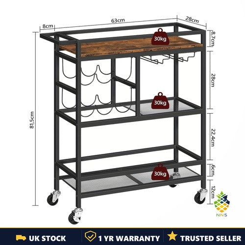 3-Tier Rolling Bar Cart Serving Trolley Wine Glass Bottle Rack Drinks Kitchen UK