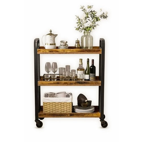 Narrow Rolling Kitchen Serving Cart Wood Metal Industrial Trolley Wheels UK