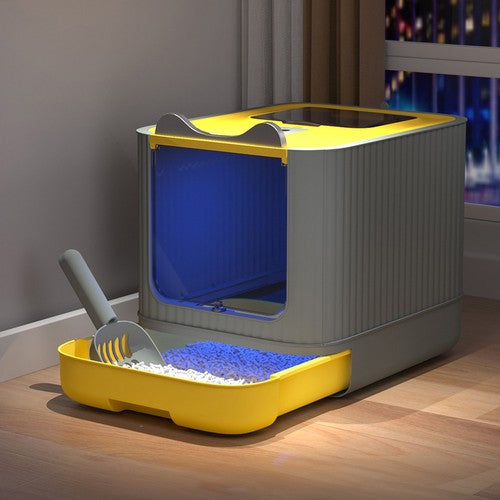 Hooded Cat Litter Box Large Tray with Drawer UV Sterilisation Deodorised UK - Grey-Yellow