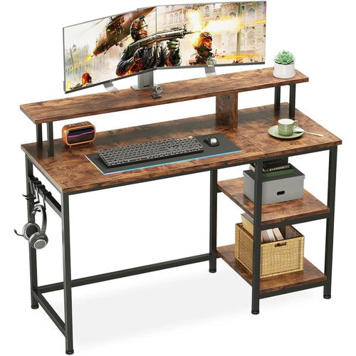 Computer Desk with Monitor Stand & Storage Shelves Rustic Brown Home Office UK
