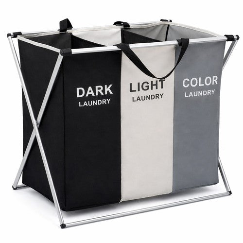 3-Section Laundry Sorter Basket Foldable Large Clothes Hamper with Handles UK