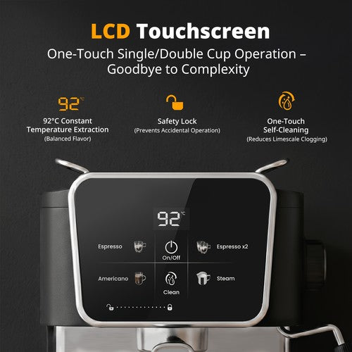 20 Bar Espresso Machine Steam Milk Frother Touch Screen 1.8L Latte Cappuccino UK
