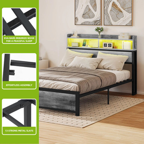 King Size Bed Frame LED Headboard Storage Shelves USB Ports Sockets Grey Metal
