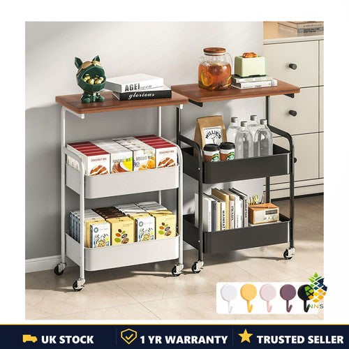 3-Tier Rolling Storage Cart with Tabletop Snack Rack Wheels Home Office Trolley