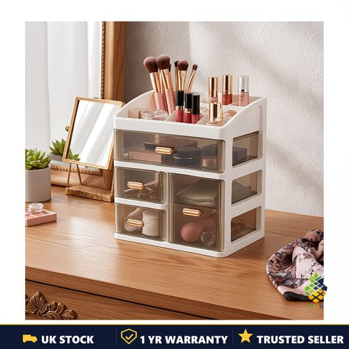 Transparent 4-Compartment Desktop Organiser Drawers Makeup Stationery Storage UK