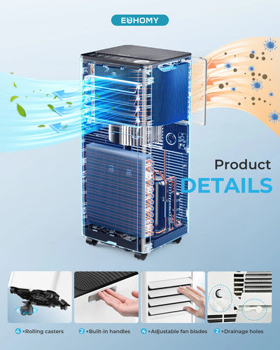 EUHOMY 9000BTU Portable Air Conditioner 4in1 Dehumidifying Cooling Ventilating