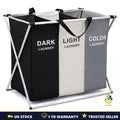 3-Section Laundry Sorter Basket Foldable Large Clothes Hamper with Handles UK