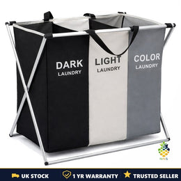 3-Section Laundry Sorter Basket Foldable Large Clothes Hamper with Handles UK