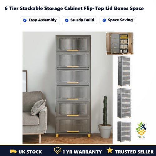 6 Tier Stackable Storage Cabinet Flip-Top Lid Boxes Space Saving Organiser Unit