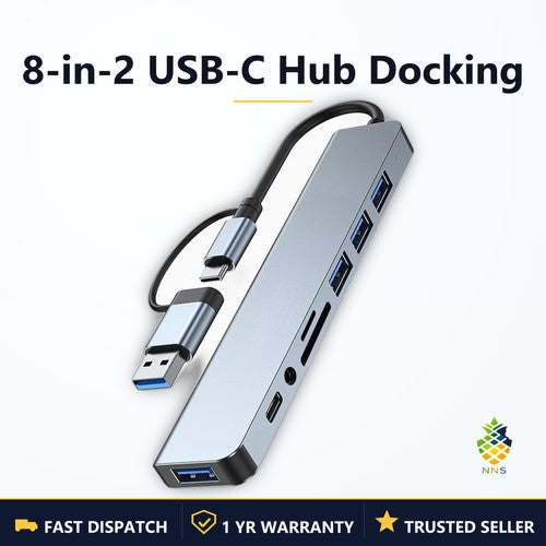 NNS 8-in-2 USB-C Hub Docking Station 4K Audio SD Multi-Port Type-C Adapter PC UK