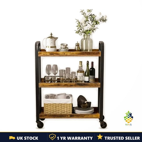 Narrow Rolling Kitchen Serving Cart Wood Metal Industrial Trolley Wheels UK
