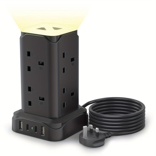Tower Extension Lead 8-Way USB 3250W 13A Surge Protected 4 Switches Night Light