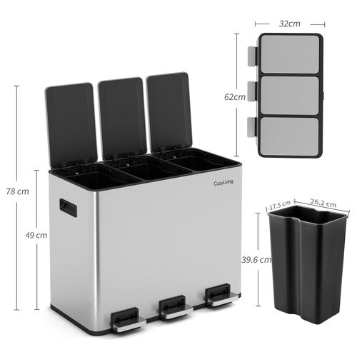 Stainless Steel Step Trash Can 45L 3-Compartment Recycling Bin Soft Close Pedal