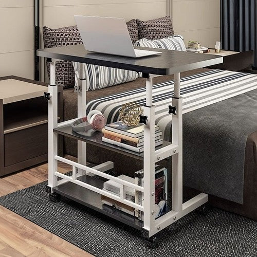 Mobile Laptop Table Adjustable Height Rolling Desk Storage Shelf Lockable Caster
