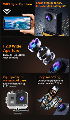 NNS Action Camera 4k Ultra FHD Remote control IP68 sport cam 120° Android iOS