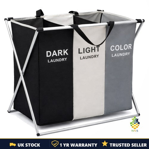 3-Section Laundry Sorter Basket Foldable Large Clothes Hamper with Handles UK