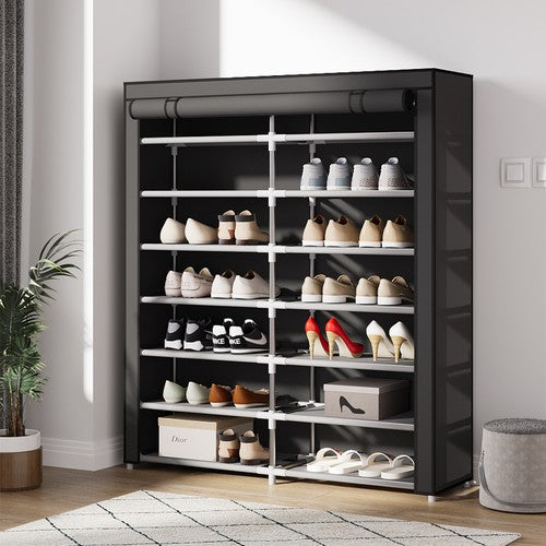 7-Tier Metal Shoe Rack Double-Row Cabinet Roll-Up Dustproof 118x30x135cm UK