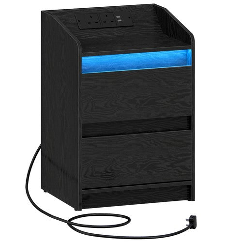 Bedside Table with LED Lights Charging Station 2 Drawers USB Ports Sockets UK - Black