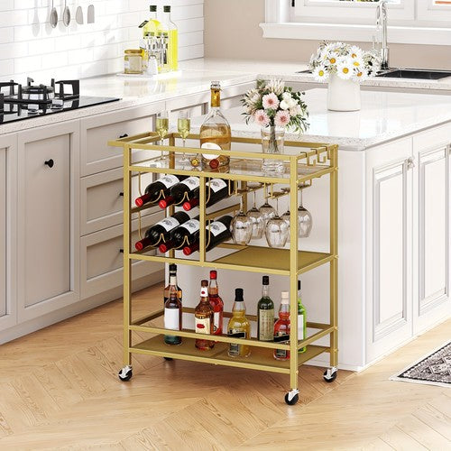 3-Tier Mobile Serving Cart Gold Drinks Trolley Wine Rack Cup Holders Home UK