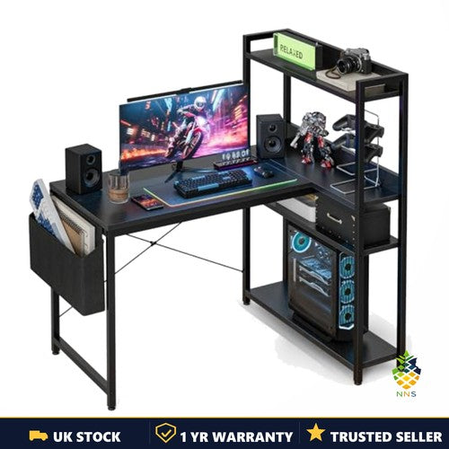 L-Shaped Gaming Desk 100x80cm Corner Computer Desk Storage Shelves Hutch Black U