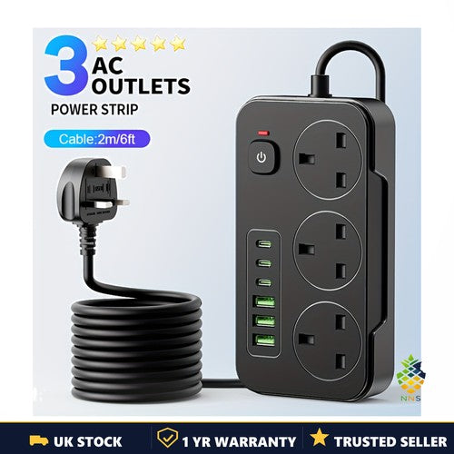 9-in-1 Power Socket Surge Protector 3 AC + 6 USB 13A 3250W 2m Extension UK