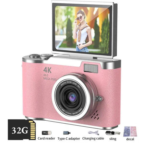 AMORUS 4K Digital Camera 48MP HD CCD Student Camera Anti Shake 180 Flip - Gift - Pink