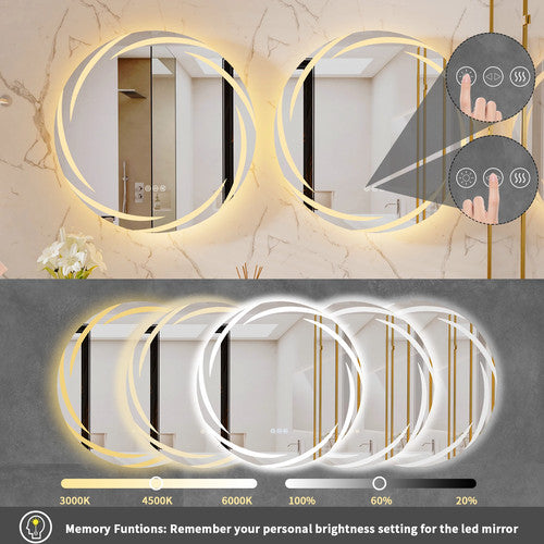 Round LED Bathroom Modern Vanity Mirror 2 Sizes Fogless 3 Colors Lights Silver