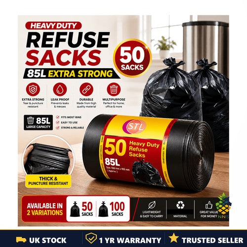 50 Heavy Duty Black Bin Liners Rubbish Bags Waste Garbage Sacks Strong UK