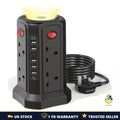 Tower Extension Lead 8-Way USB 3250W 13A Surge Protected 4 Switches Night Light