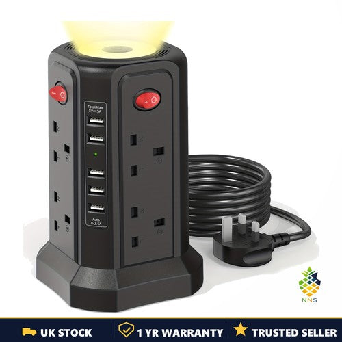 Tower Extension Lead 8-Way USB 3250W 13A Surge Protected 4 Switches Night Light