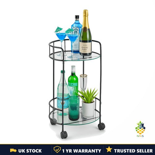 Drinks Trolley Bar Cart Black 2 Glass Shelves Castor Wheels Serving Cart UK