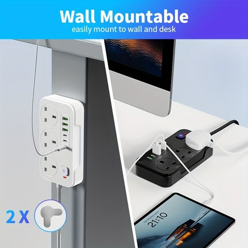 9-in-1 Power Socket Surge Protector 3 AC + 6 USB 13A 3250W 2m Extension UK