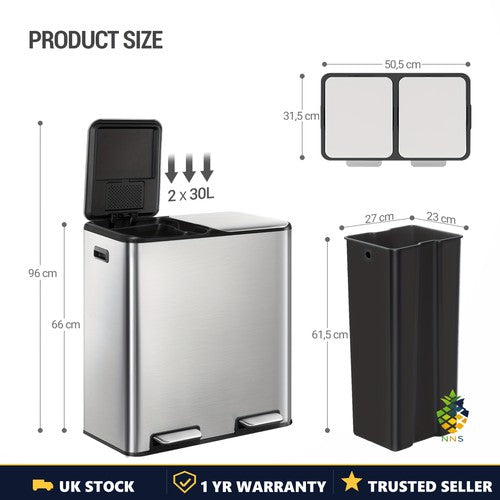 Kitchen Recycling Bin 2x30L 60L Pedal Soft Close Stainless Steel 15 Bags UK