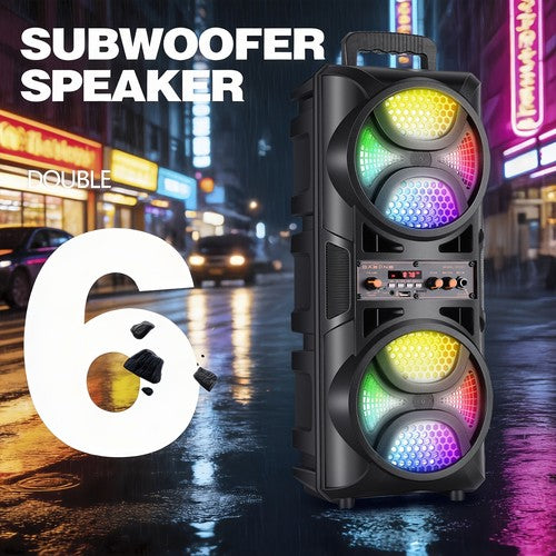 2800W Bluetooth Party Speaker Dual 6.5in Woofers Party Lights Karaoke Mic USB UK