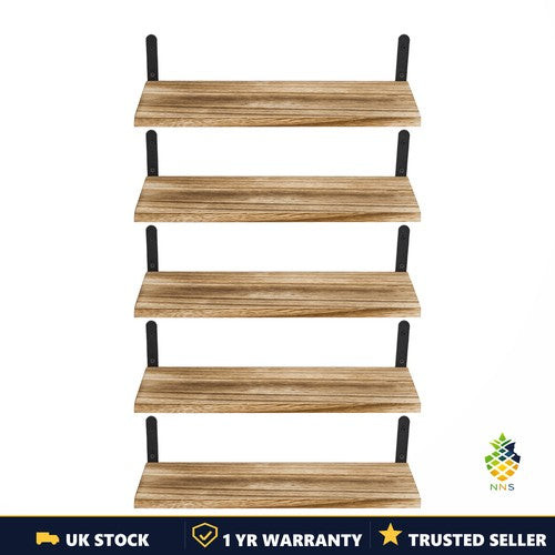 Floating Shelves Set of 5 Wooden Wall Shelves Metal Brackets Rustic 1.5cm UK