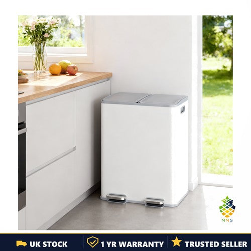 Kitchen Recycling Bin 2x30L 60L Pedal Soft Close Lid Stainless Steel White UK