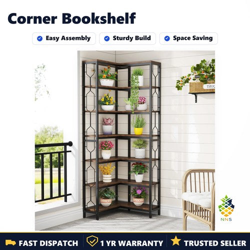 Tribesigns Modern Sleek 7-Tier Industrial Corner Bookshelf Wood Metal Retro UK