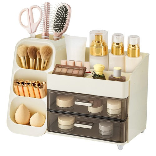 Makeup Cosmetic Storage Organiser White 2 Drawers Brush Holder Vanity Box UK