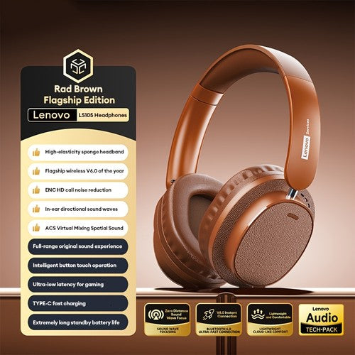 Lenovo LS105 Wireless Headphones Bluetooth 6.0 ENC Hi-Fi Over-Ear Foldable UK - Brown