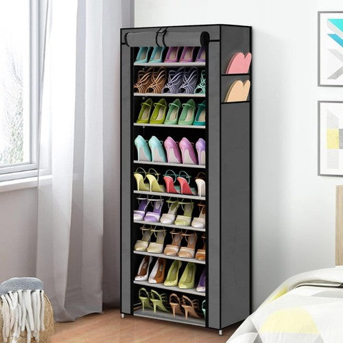 10-Tier Shoe Rack Storage Cabinet Dustproof Cover 27 Pairs Grey Stackable UK