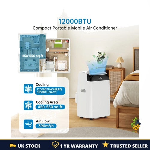 HiMISS Portable Air Conditioner 12000BTU 4in1 Cooling Dehumidifier Fan AC UK