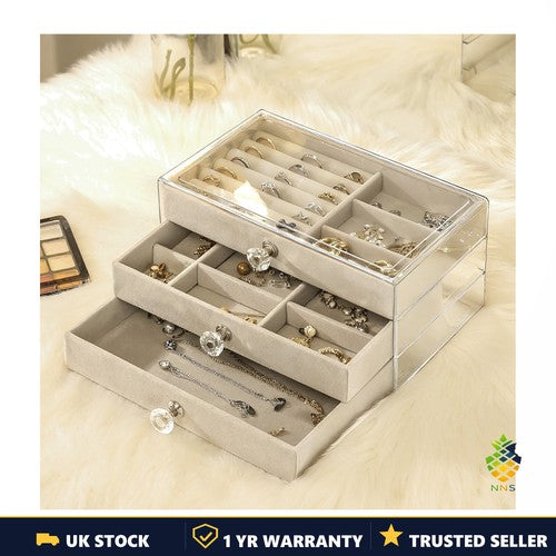 3-Layer Jewellery Organiser Box Earrings Rings Necklaces Watches 22x13x10cm UK