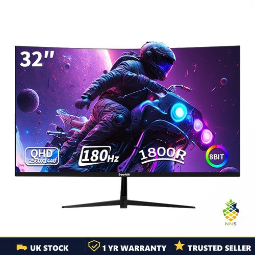 Gawfolk 32 Inch Curved Gaming Monitor 2K QHD 180Hz 1800R FreeSync VESA HDMI UK