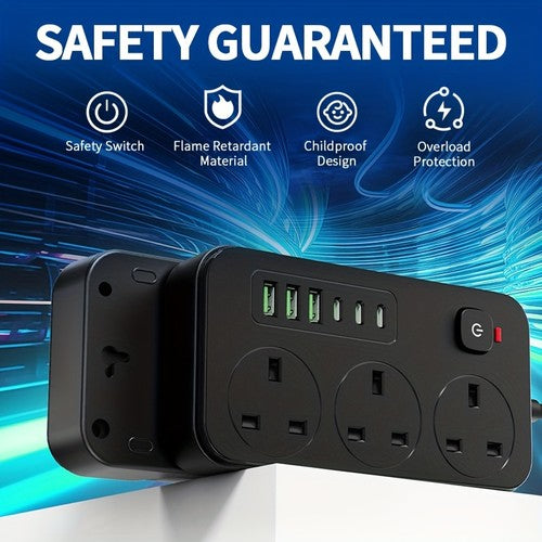 9-in-1 Power Socket Surge Protector 3 AC + 6 USB 13A 3250W 2m Extension UK