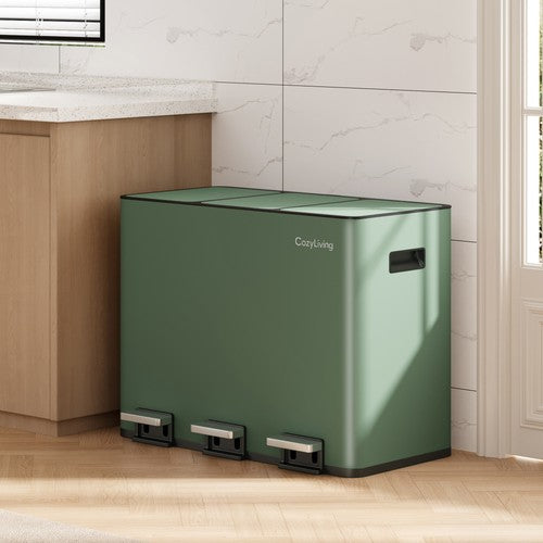 Stainless Steel Step Trash Can 45L 3-Compartment Recycling Bin Soft Close Pedal
