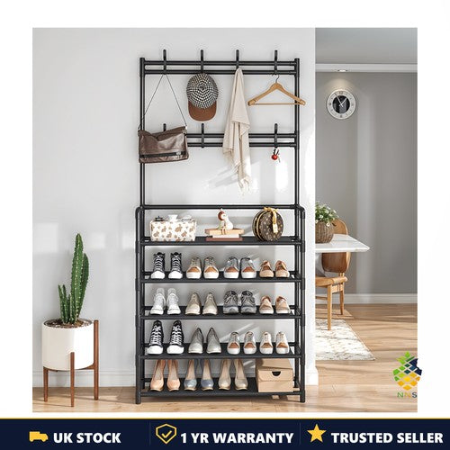 Shoe & Hat Storage Rack 8 Hooks 5-Tier Coat Garment Stand Black 60x25x167cm UK