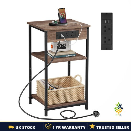 3-Tier Side Table with Charging Station End Table Adjustable Shelf Bedroom UK